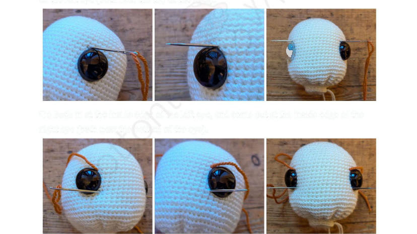 Using yarn to shape the eye sockets of the snail