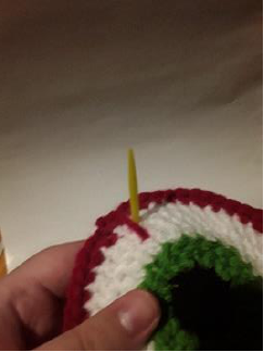 Completed 'V' shape for a single bloodshot vein on the crochet coaster.
