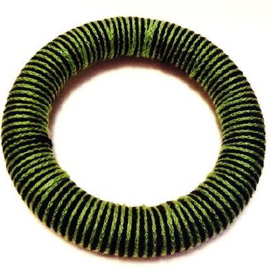 Foam wreath ring fully wrapped in alternating dark and light green crochet yarn stripes