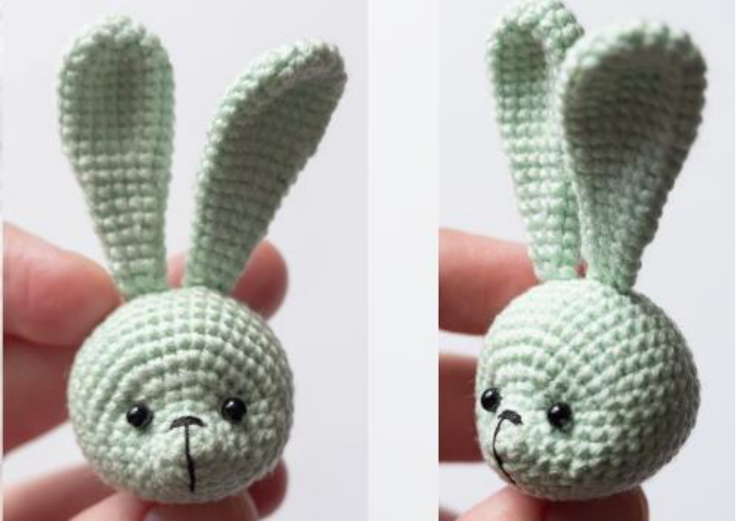 Crocheted bunny head with ears attached