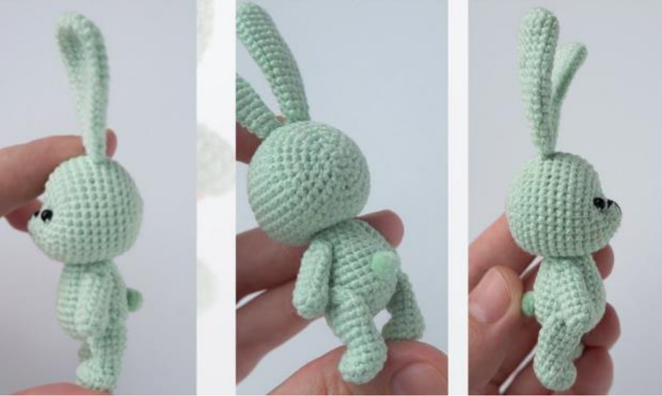 Finished green crocheted bunny keychain from multiple angles