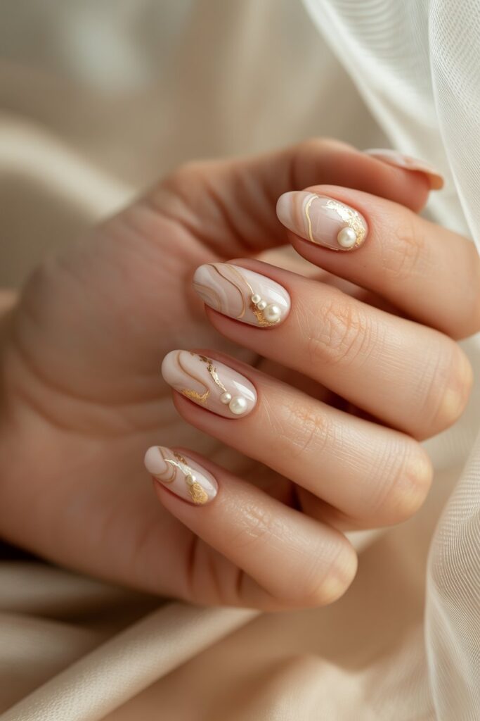 Luxury Nude Marble Nail Art with Gold & Pearls