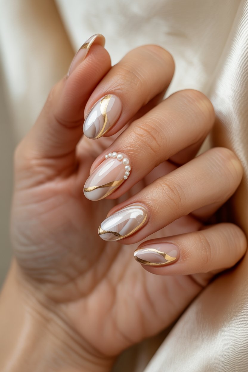 Luxury Nude Marble Nail Art with Gold & Pearls