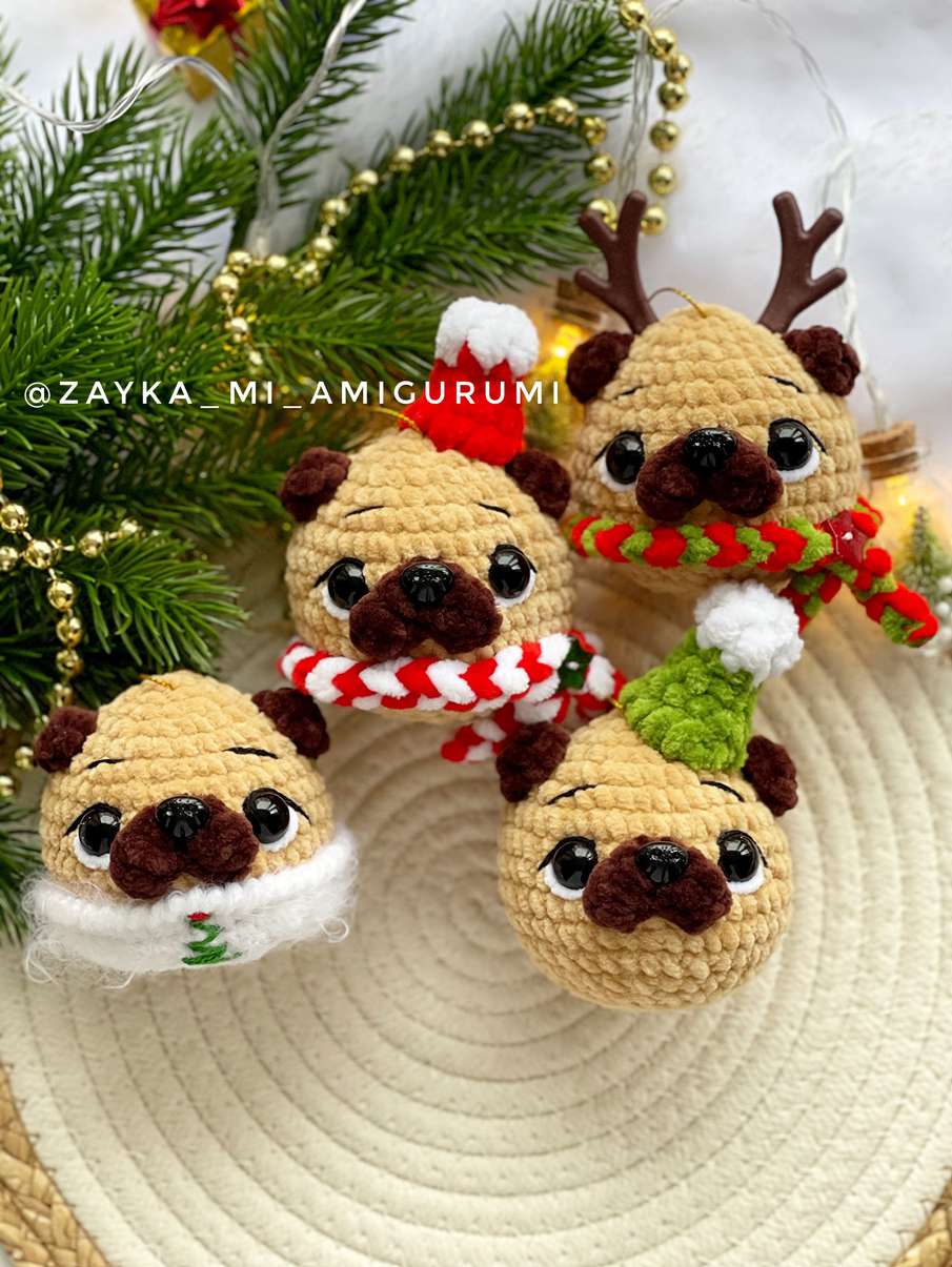 Pug Ornaments: Free Crochet Pattern for Christmas Pug Baubles