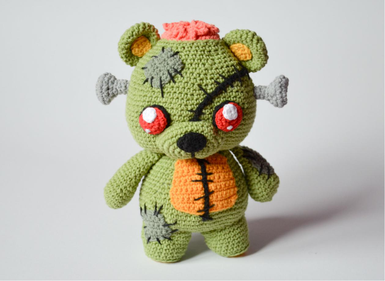 Finished Frankie the zombie bear amigurumi