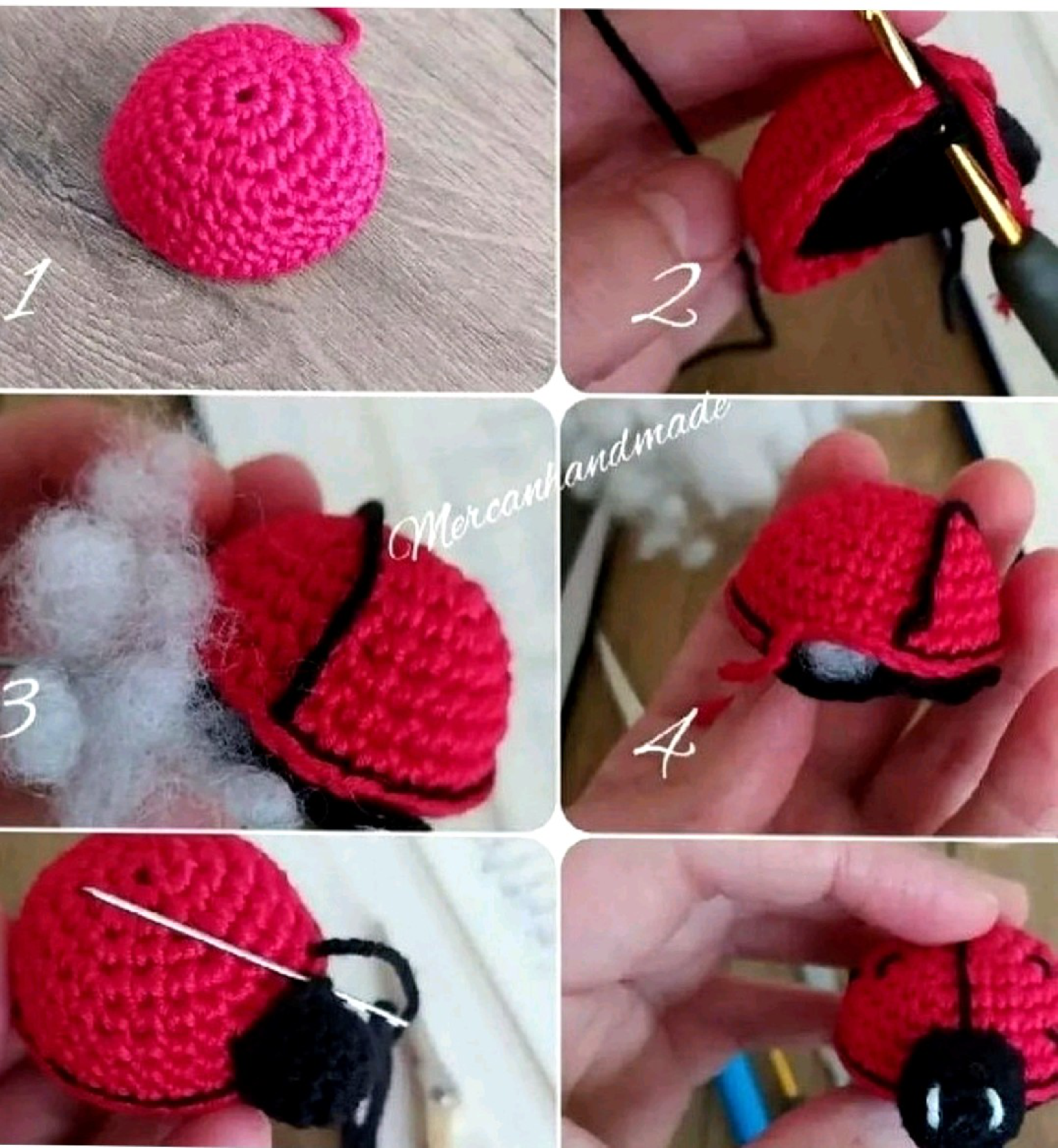 Two crocheted circles, one red and one black, being joined with a crochet hook