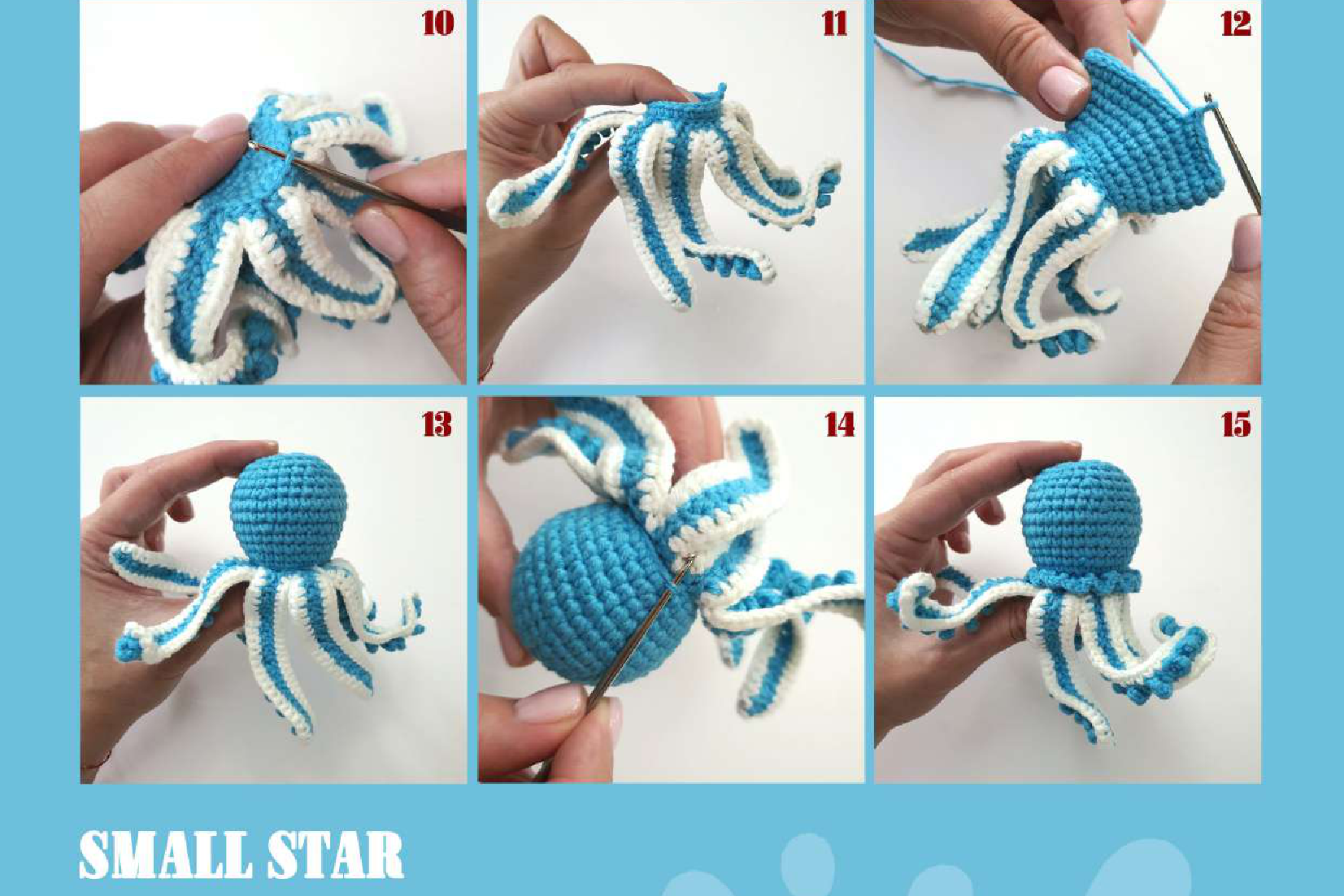 Image grid illustrating steps 1-9 of crocheting the octopus tentacles and body base